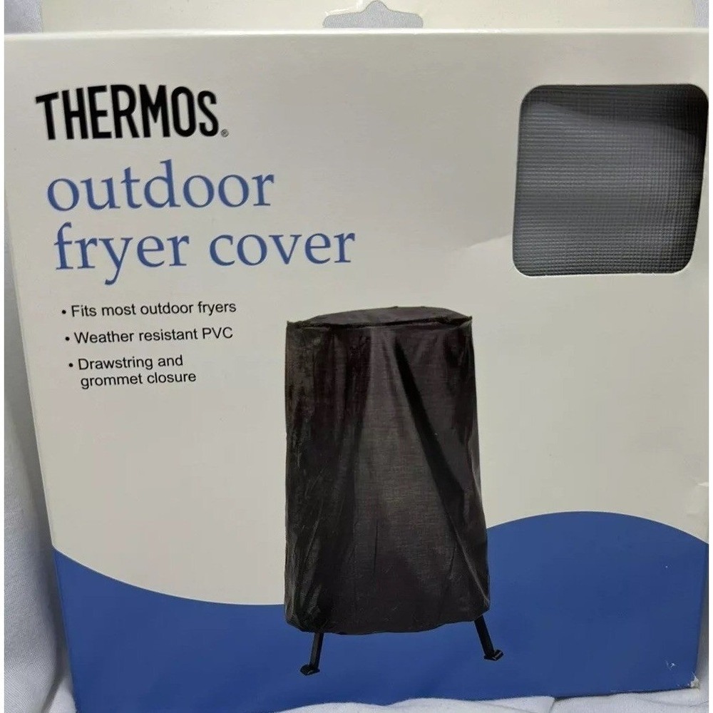 Thermos Outdoor Fryer Cover Weather Resistant PVC Gray Drawstring Grommet New